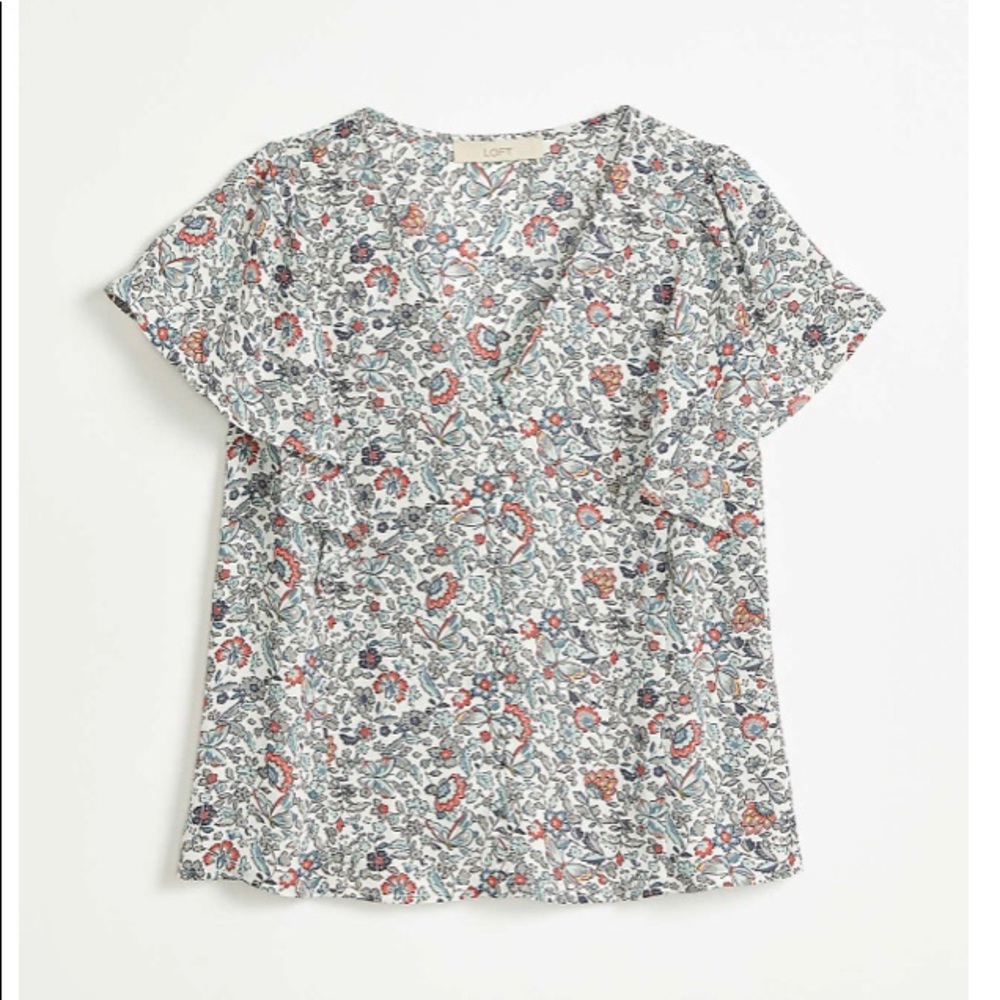 LOFT White Floral V-Neck Flutter Sleeve Blouse with Blue and Coral Accents - Picture 2 of 5